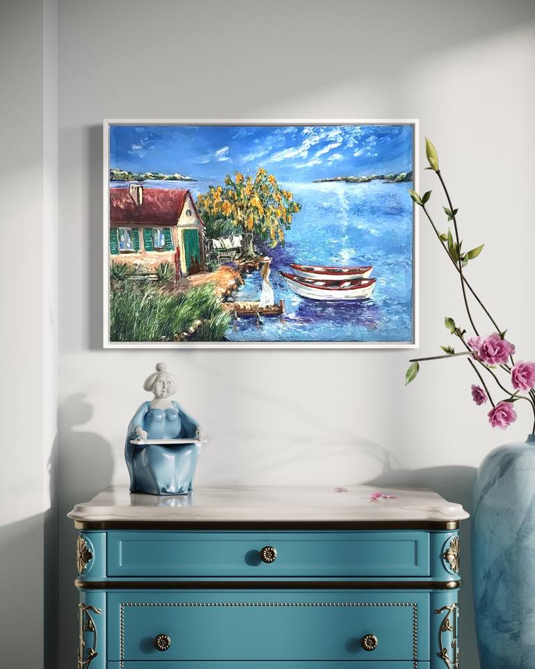 Original Art Deco Boat Painting by Liliia Kaluzhyna