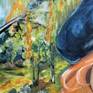 Detail showing a blue beret and forest background