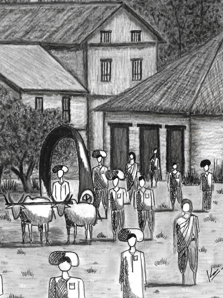 Original Black & White Rural Life Drawing by Kunal Girme