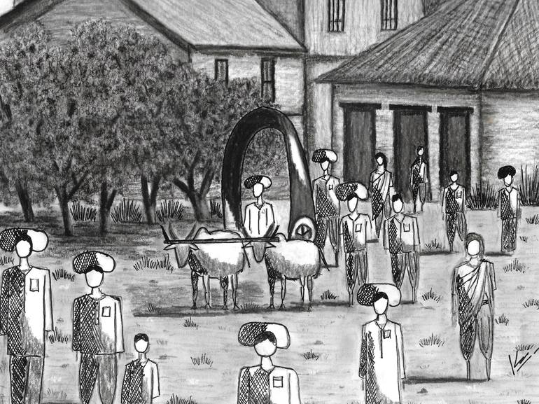 Original Black & White Rural Life Drawing by Kunal Girme
