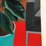 Interior painting of a rubber plant and modern chair inspired by my sunporch. A bright scarlet red floor, aqua planter, and deep green leaves of the houseplant pop against the brown background.
Signed, dated and titled on the back. On heavy duty watercolor paper.