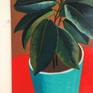 Interior painting of a rubber plant and modern chair inspired by my sunporch. A bright scarlet red floor, aqua planter, and deep green leaves of the houseplant pop against the brown background.
Signed, dated and titled on the back. On heavy duty watercolor paper.