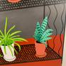 From a continuing series of plant stands as the subject matter, this painting a black mid-century modern wire structure shelves a variety of houseplants. Composed by vertical lines and diagonal lines one straddling the right edge of the picture plane contrast against the organic plants.
A process video of this painting is on Youtube: https://www.youtube.com/watch?v=HEUm7H4oULY
Signed, titled, and dated on the back. Wired and ready to hang.