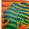 New acrylic botanical still life painting on paper, unframed. Sunlight on forest green philodendron leaves contrast against terra cotta window blinds creating a graphic stripe pattern.

Signed, dated, and titled on the back. Standard size for easy and inexpensive framing.