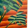 New acrylic botanical still life painting on paper, unframed. Sunlight on forest green philodendron leaves contrast against terra cotta window blinds creating a graphic stripe pattern.

Signed, dated, and titled on the back. Standard size for easy and inexpensive framing.