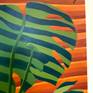 New acrylic botanical still life painting on paper, unframed. Sunlight on forest green philodendron leaves contrast against terra cotta window blinds creating a graphic stripe pattern.

Signed, dated, and titled on the back. Standard size for easy and inexpensive framing.