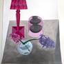 A gouache and flashe painting on Arches watercolor paper from a still life vignette in my home done during lockdown.  My work is usually inspired by a scene from carefully curated items.  Here pink and purple hyacinth from my garden set with a Kartell pink lamp and Tom Dixon vase in color harmony.

Signed, titled, and dated on the back.