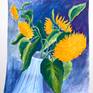 A gouache painting on Arches watercolor of a vase of sunflowers. The golden-yellow flowers contrast against the complementary purple-purple background.
Signed, dated, and titled on the back. Standard size for affordable readymade frame and mat.