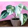 A small-scale gouache painting on Arches watercolor paper of a variegated monstera plant in a silver pot. This rare houseplant known for its white and green foliage contrasts against the complementary pink background.

Signed, dated, and titled on the back. Standard size for easy affordable readymade frame and mat.