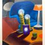 A fitting winter image of candles on a modern coffee table with a lamp, a Womb chair, and a Noguchi lamp in the background rounds out the composition.

This is another night interior from a new series of lamp and candlelit paintings playing with light shapes, reflections, and darkness.⁠

On heavy-duty 185lb mixed media paper. Signed, dated, and titled on the back. Standard size for affordable framing and matting.