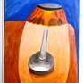 Here is the first in a new series of small lamp paintings dealing with light through colored shades and the light shapes they create.
A Philippe Starck-designed Bon Jour table lamp with an amber shade casts light against a blue background.
Signed, dated, and titled on the back. Standard size for affordable matting and framing.