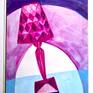 From a new series of small lamp paintings dealing with light through colored shades and the light shapes they create.⁠⁠

A Kartell plastic table lamp with a violet shade casts faceted light patterns on its surroundings.

Signed, dated, and titled on the back. Standard size for affordable matting and framing.