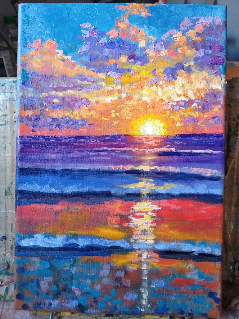 Seascape Impasto Painting Sunset Ocean Art Sapboard Surfing