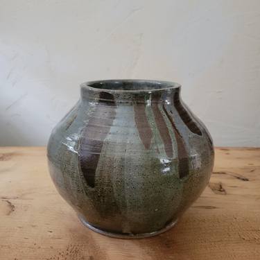 Layered Poured Grey-Blue Glaze Ceramic Vase, Handthrown Stoneware thumb