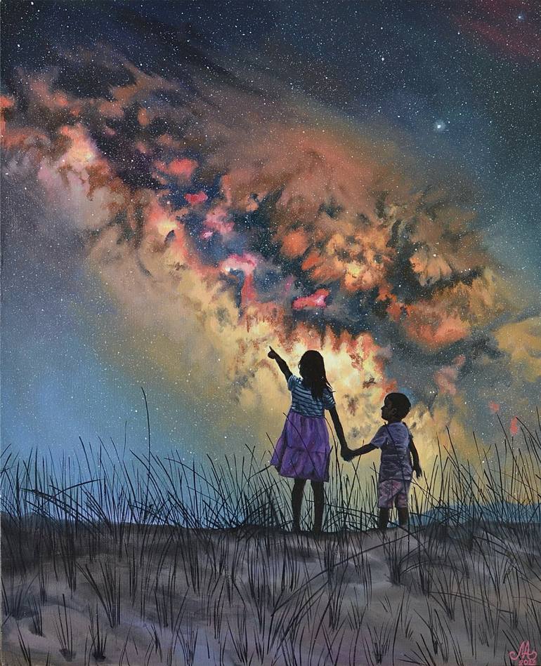 Original Nature Painting by Anna Mamonkina | Photorealism Art on Canvas | Children and the Milky Way
