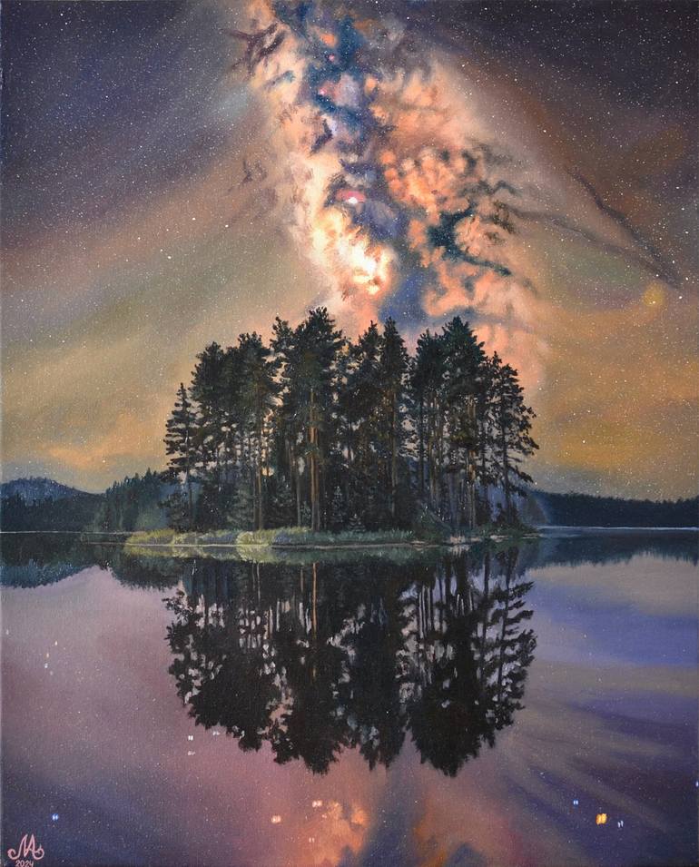 Original Nature Painting by Anna Mamonkina | Photorealism Art on Canvas | Island in the lake