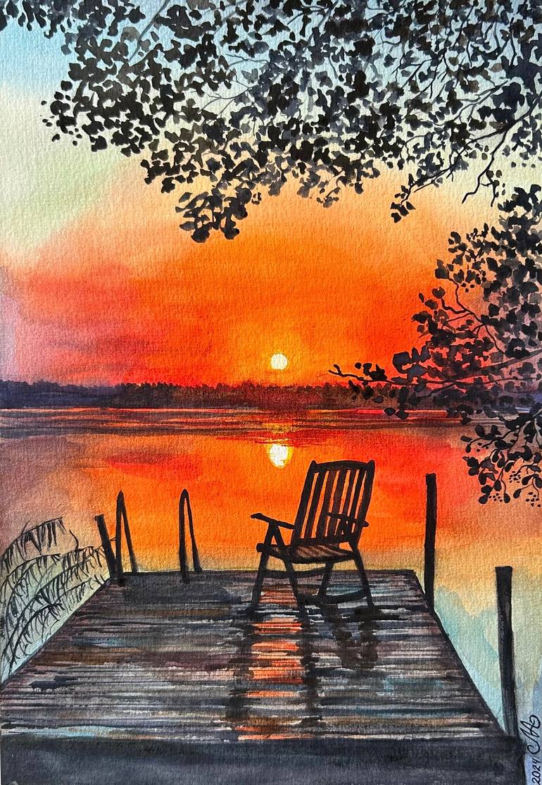 Original Landscape Painting by Anna Mamonkina | Photorealism Art on Paper | Sunset at the pier