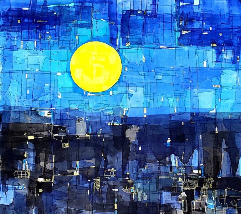 Original Abstract Painting by Bharati Shah | Abstract Art on Canvas | Night on the Hudson