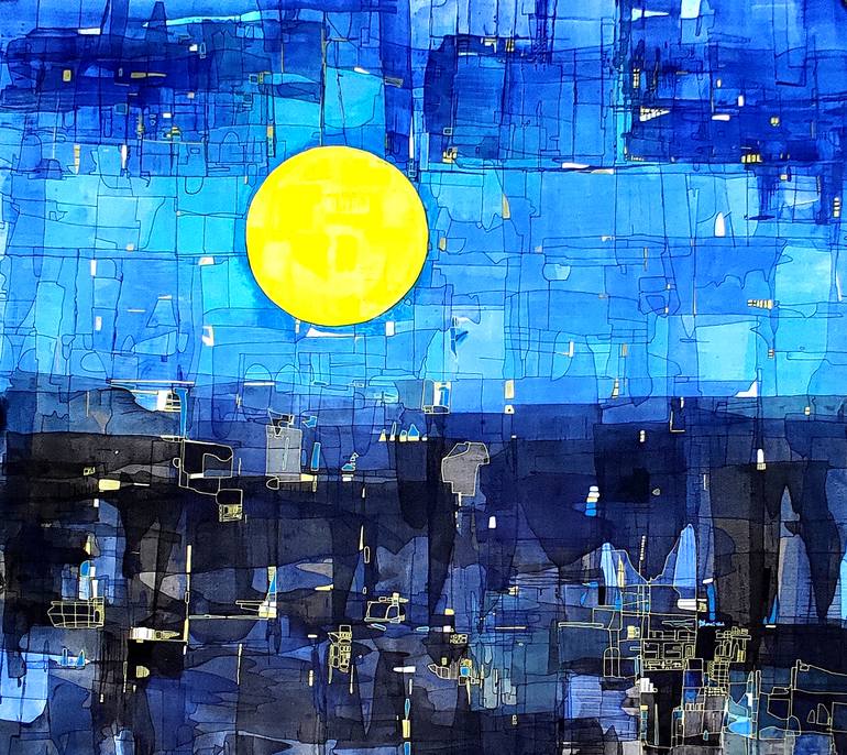 Original Abstract Painting by Bharati Shah | Abstract Art on Linen | Night on the Hudson 1
