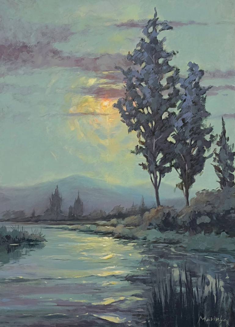 Original Landscape Painting by Marin Nachev Marinba  Impressionism Art on Linen  Night time