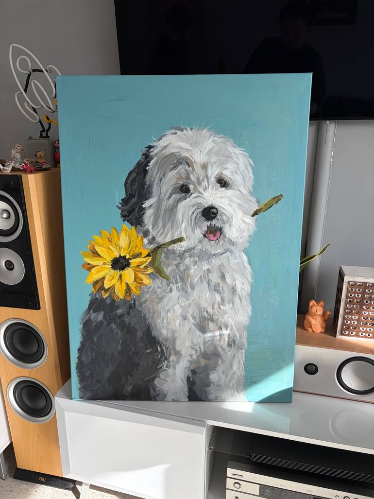 Original Animal Painting by Daria Da Silva | Impressionism Art on Canvas | Old English Sheepdog Acrylic Painting | Dog with Sunflower