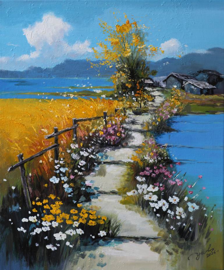 Original Rural Life Painting by Wenlin Yan | Art Deco Art on Canvas | Autumn Scenery by the Lake