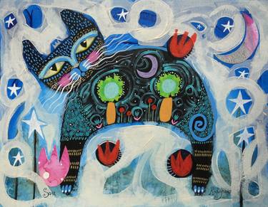 Original Folk Cats Mixed Media by Sara Rodighiero