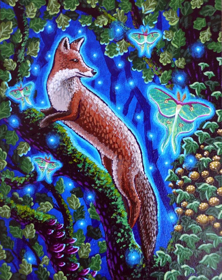 Original Animal Painting by Sombras Blancas | Folk Art on Other | Night in the Forest