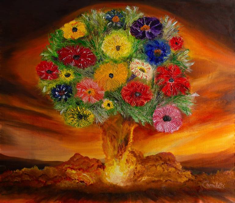 Original Floral Painting by Antonello Camiletti | Contemporary Art on Linen | The tree of the future: Roots of War, Flowers of Peace
