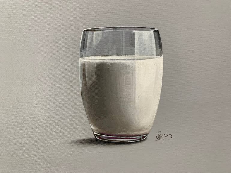 Original Food & Drink Painting by Vimal Artworks | Realism Art on Canvas | A Glass of Milk