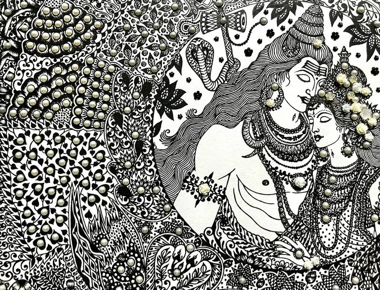 Original Black & White Religion Mixed Media by Shatabdi Mandal