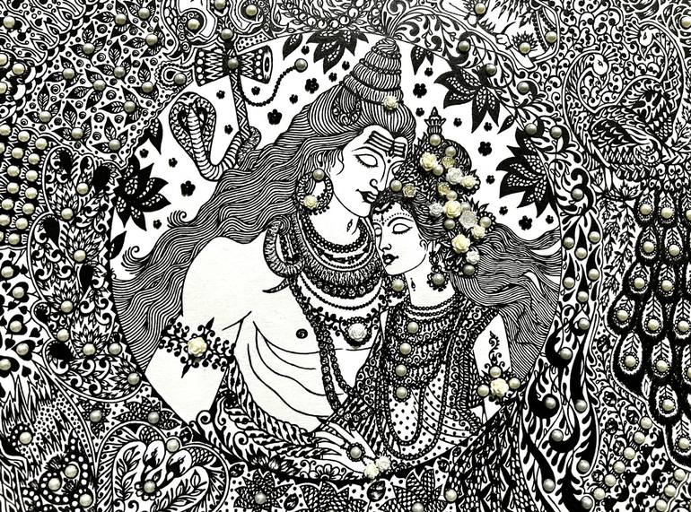 Original Black & White Religion Mixed Media by Shatabdi Mandal