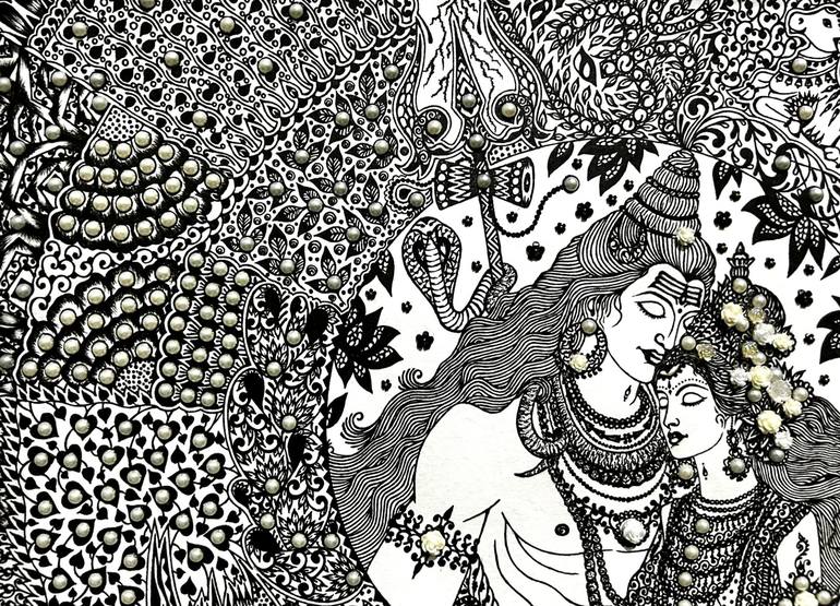 Original Black & White Religion Mixed Media by Shatabdi Mandal