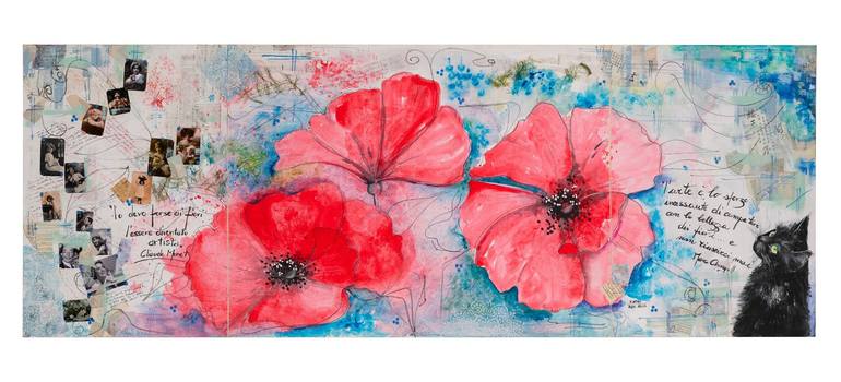 Original Floral Painting by Rosa Kathy Ruoso | Abstract Art on Plywood | Cat and Red Flower