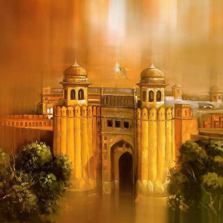 Original Architecture Painting by Yaani Jaani | Abstract Expressionism Art on Canvas | Sunset Over the Lahore Fort