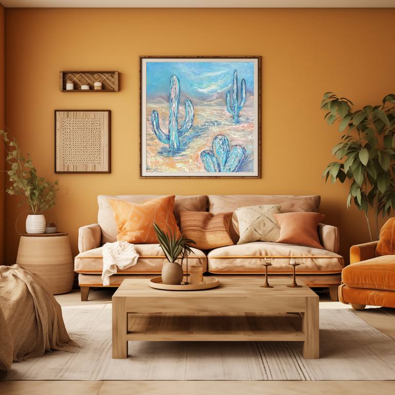 Golden desert dust and green giant cacti Painting by Lucy Moon