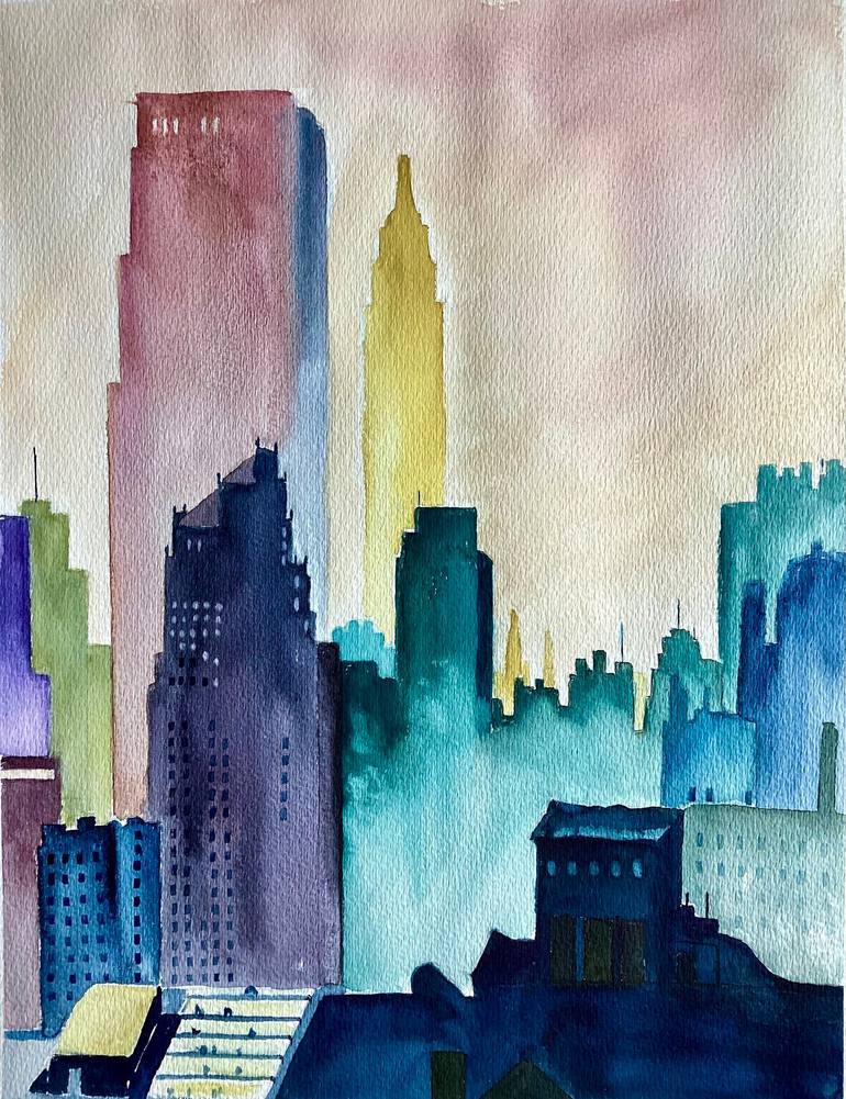 Original Architecture Painting by Monica Barbara | Abstract Expressionism Art on Paper | Sunset in the City