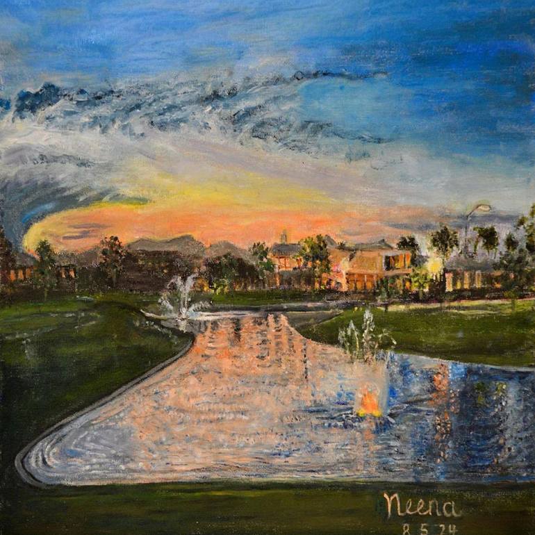 Original Beach Painting by Neena Reen | Photorealism Art on Corrugated Cardboard | The glory of sun at PMR lake