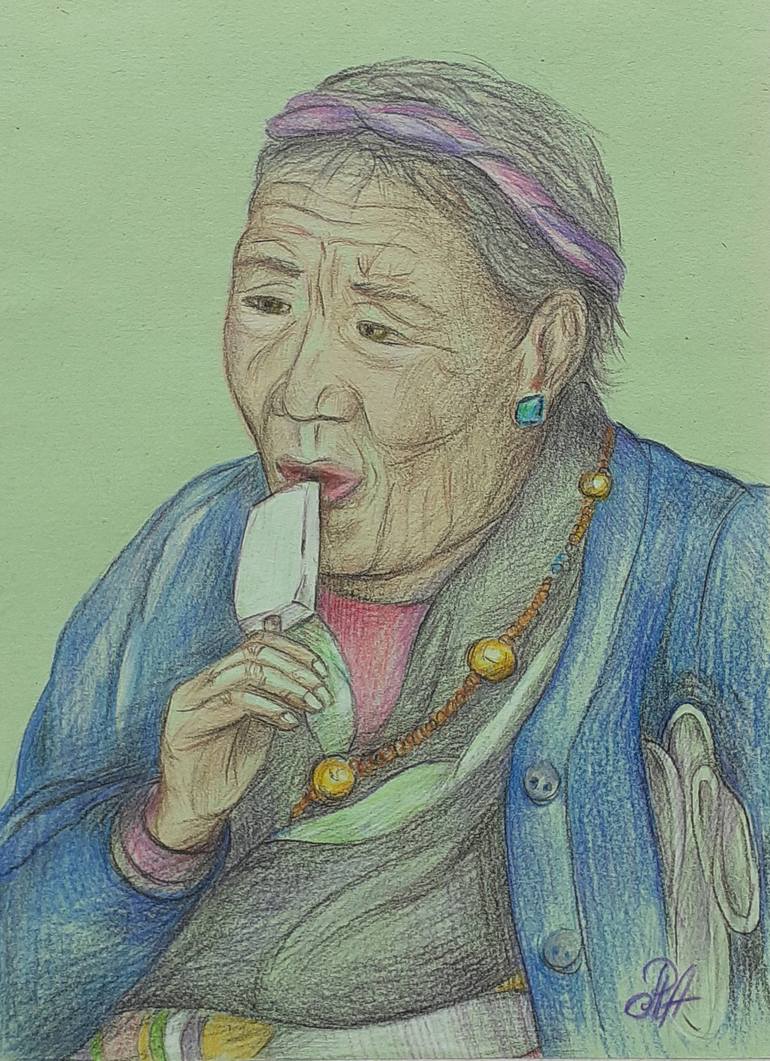 Tibetan grandma with ice cream in traditional casual dress Drawing by  Anastasiia Ravaeva | Saatchi Art