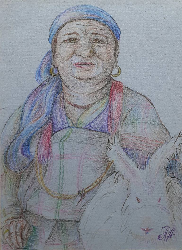 Manali grandma with rabbit in traditional casual dress Drawing by  Anastasiia Ravaeva | Saatchi Art