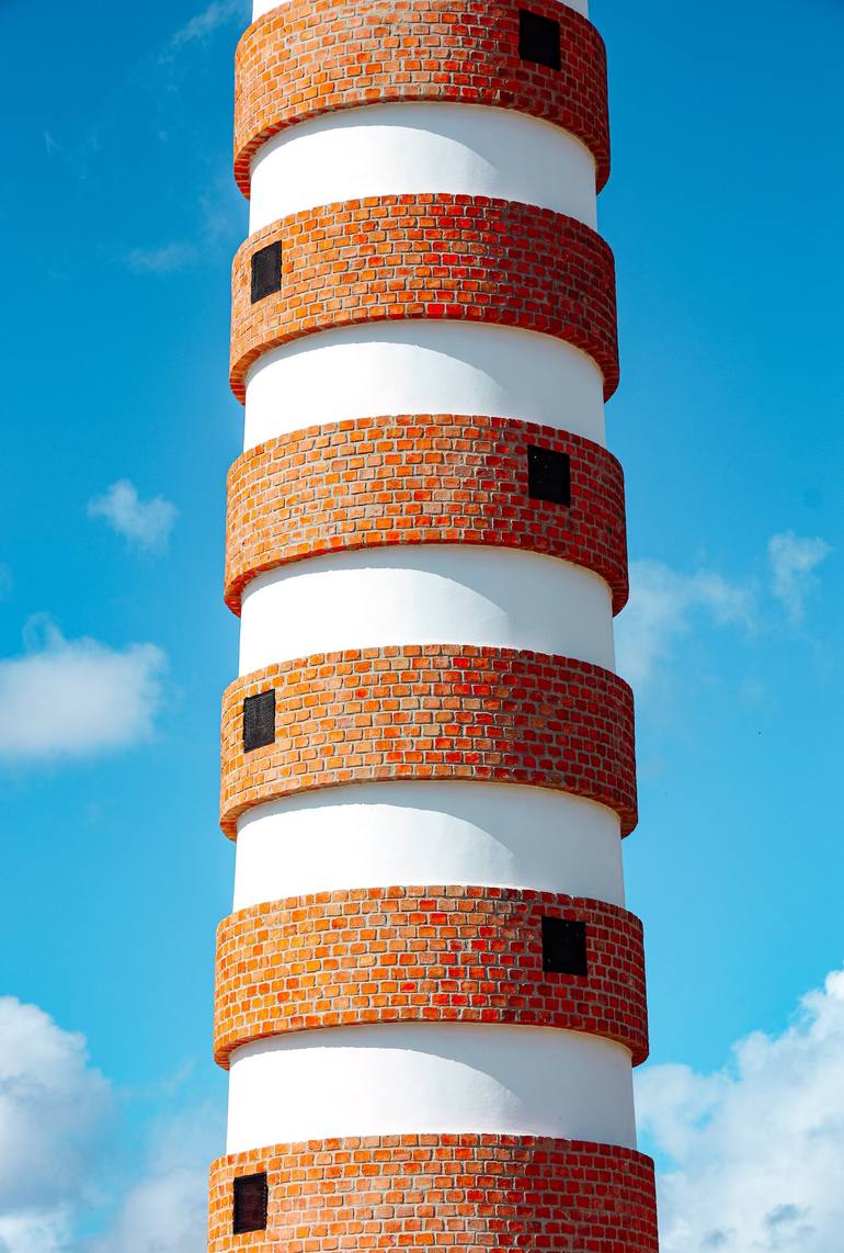 Original Architecture Photography by Anatoliy Patrashok | Geometric Art on Canvas | Red and white lighthouse against a blue sky