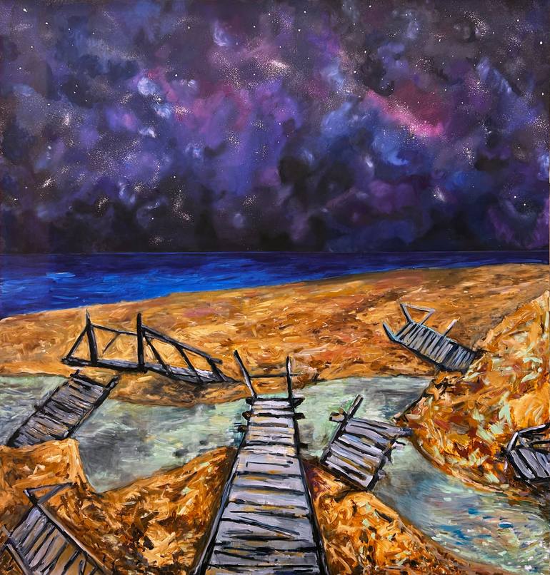 Original Landscape Painting by Ansis Rozentals | Abstract Expressionism Art on Canvas | Night on the beach