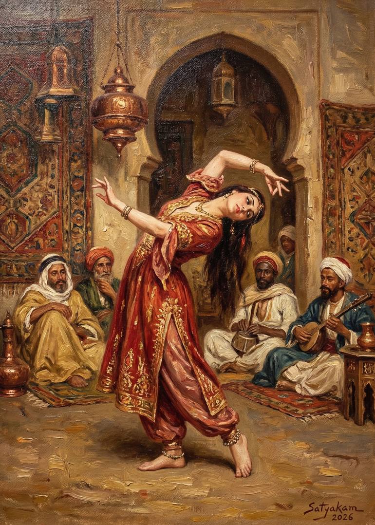 Original Performing Arts Digital by Satyakam Garg | Antique Art on Canvas | Night at the Inn