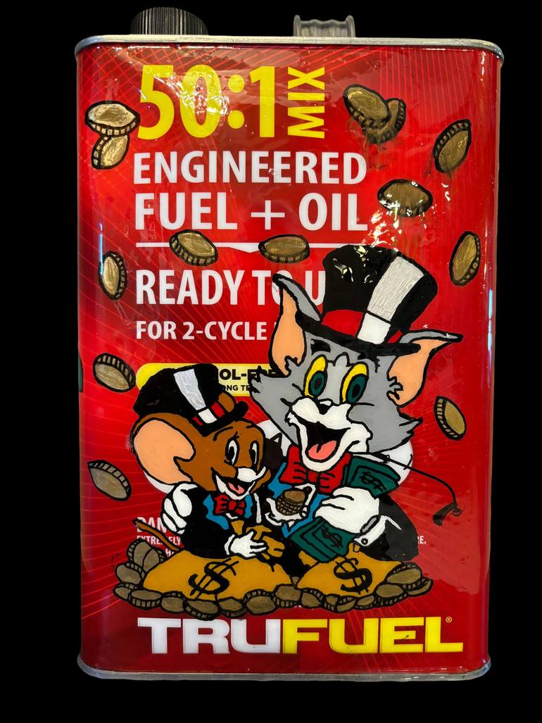 Original Animal Mixed Media by Genedieve Genedieve | Art Deco Art on Metal | Tom and Jerry Metal Fuel Gas Can Acrylic Painting and Resin