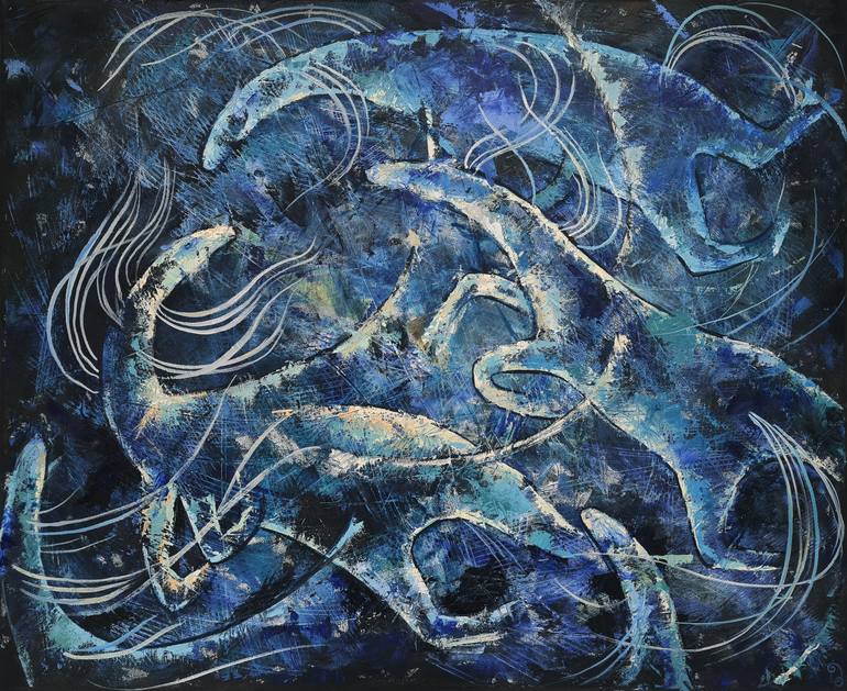 Original Horse Painting by Olga Denamur Filippova | Expressionism Art on Canvas | Blue Flight Through the Night