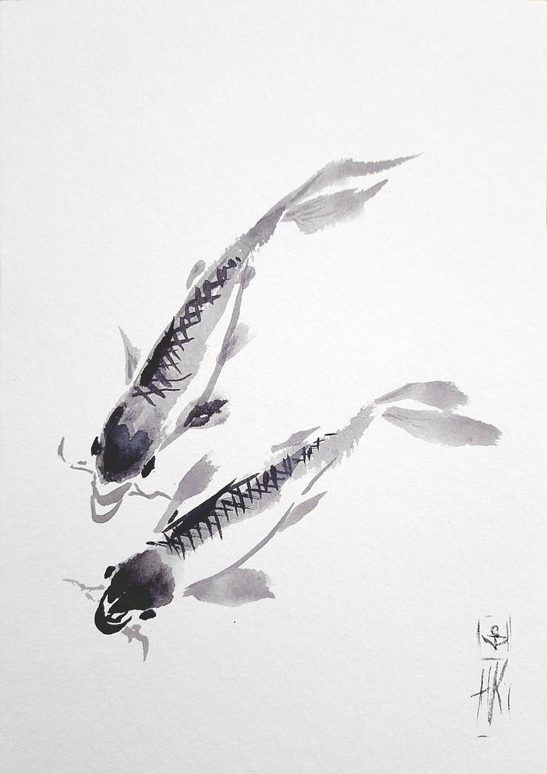 Dance of Koi – Minimalist Japanese Sumi-e Painting Painting by