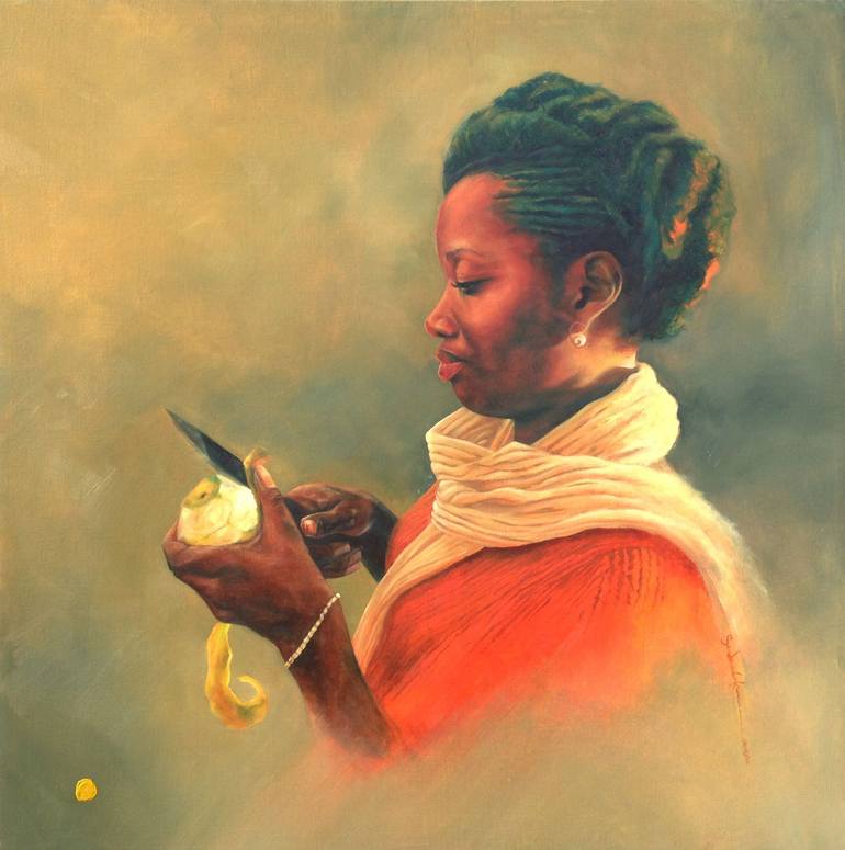Original Women Painting by Ibukun Sonde | Classicism Art on Canvas | The Sunset and The Orange Girl