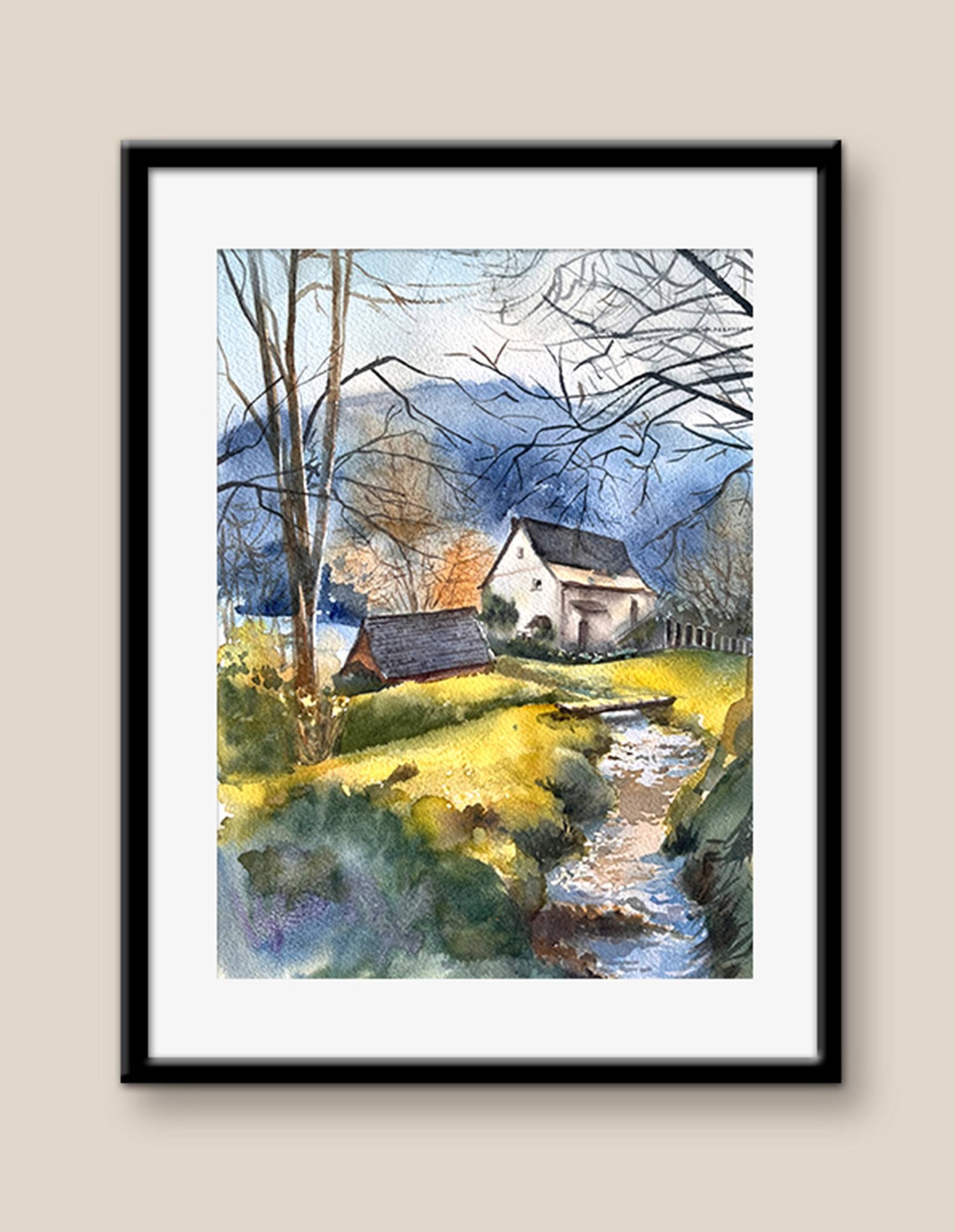 Landscape, Spring 2024 River, Original Watercolor Painting. Country House, Blue River, Unframed.