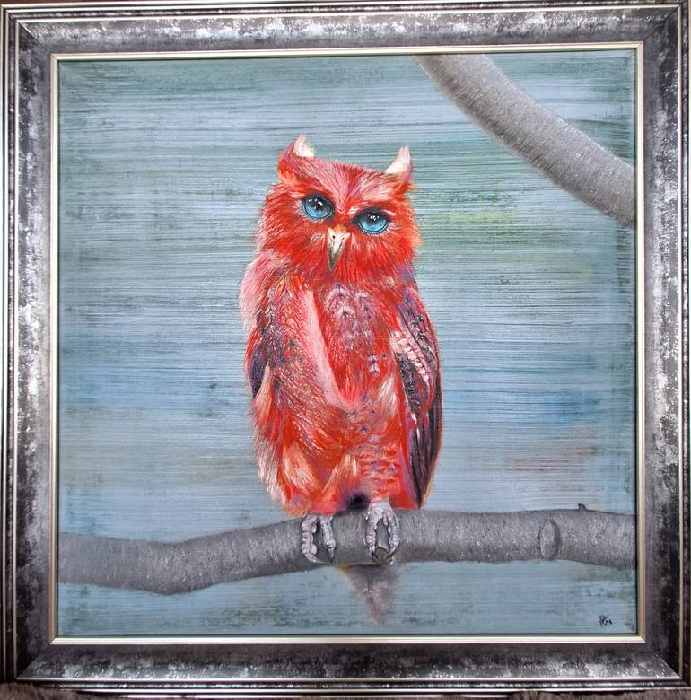 Original Animal Painting by Roza Gizdeva | Surrealism Art on Canvas | Red Owl in Autumn Mist - A Mysterious Encounter in the Forest