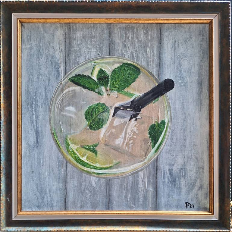Original Food & Drink Painting by Roza Gizdeva | Photorealism Art on Canvas | A Glass of Mojito: Capturing the Essence of Summer's Chill